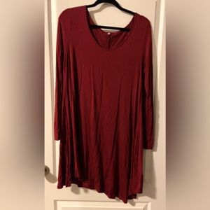 XL Red Long Sleeve Asymmetrical Knee Length Dress